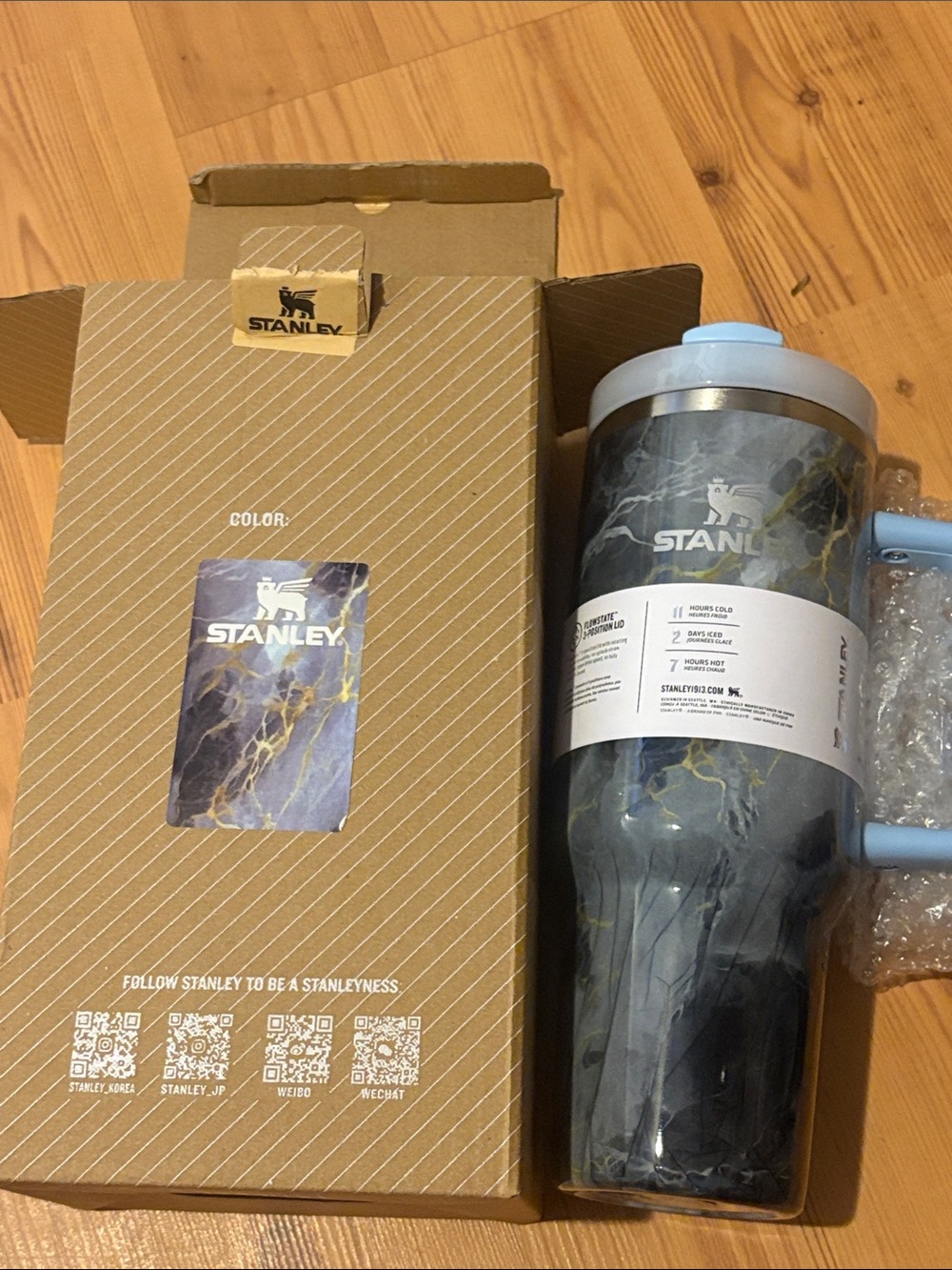 Stanley Blue Marble Travel Tumbler with Handle and Gold Veining 40 oz